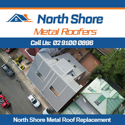 Aerial view of metal roof replacement on North Shore residential property